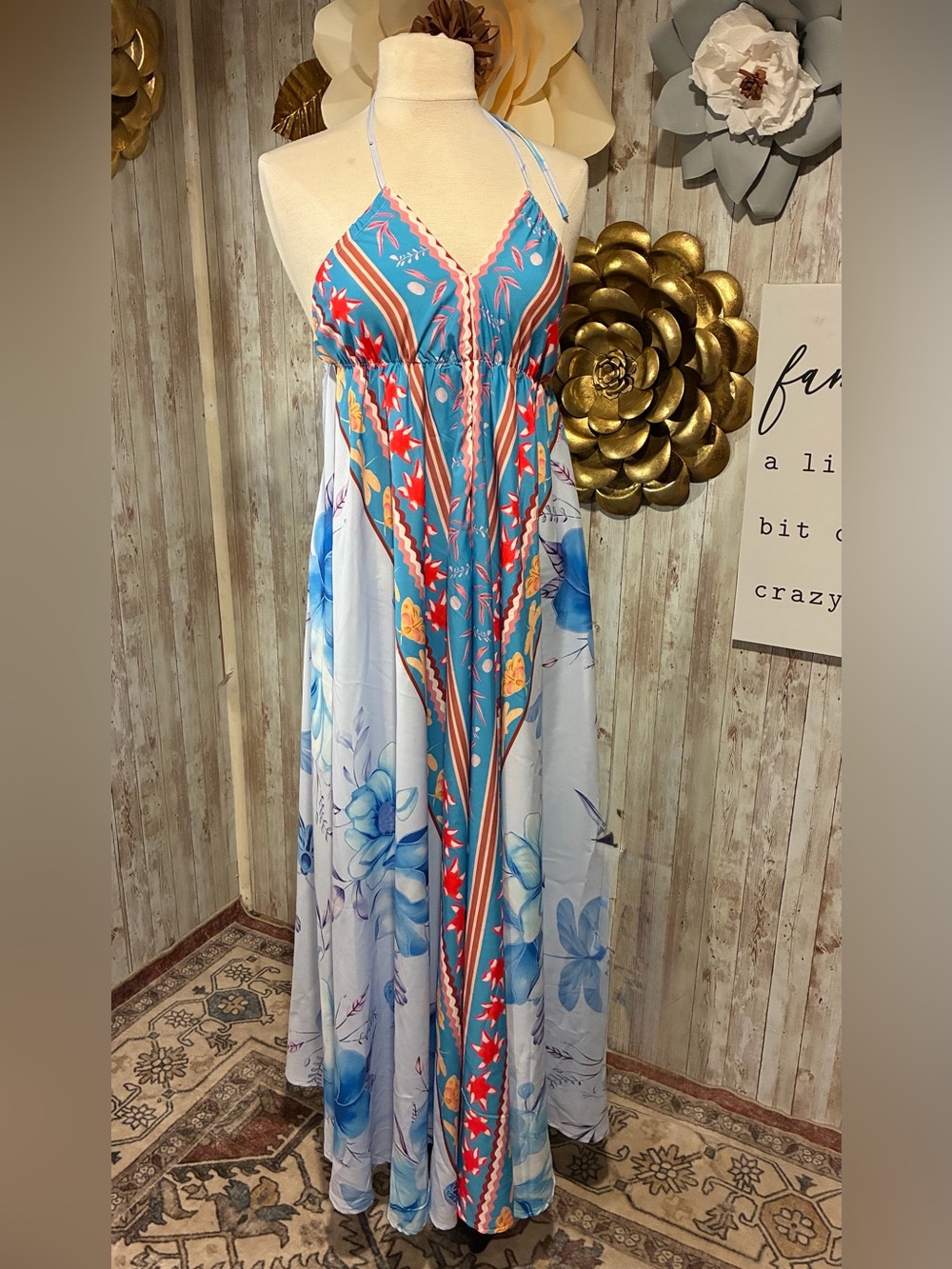 Boho Floral Blue Maxi Dress with Spaghetti Straps